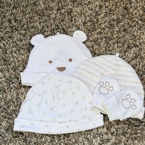 Little Me White and Cream Baby Hat Collection with coordinating mits